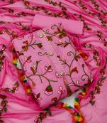 Pink embroidered cotton unstitch straight dress top & bottom with dupatta