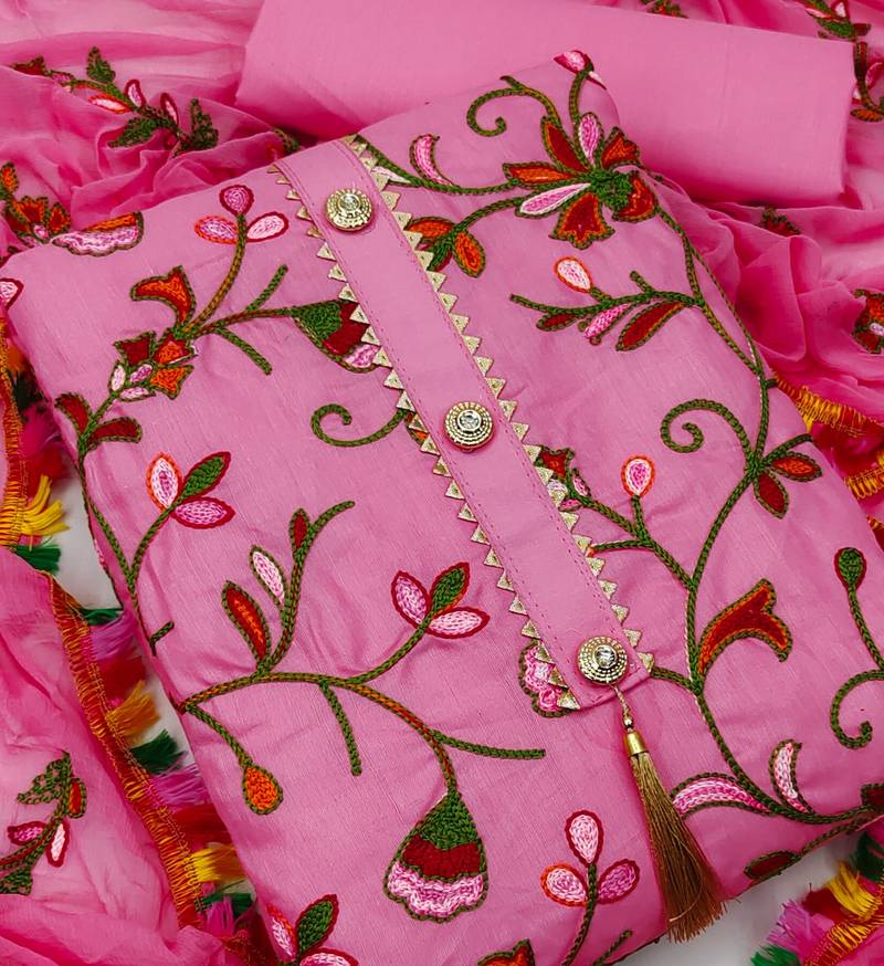 Pink embroidered cotton unstitch straight dress top & bottom with dupatta