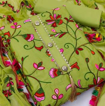 Pista embroidered cotton unstitch straight dress top & bottom with dupatta 2