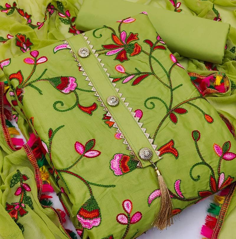 Pista embroidered cotton unstitch straight dress top & bottom with dupatta