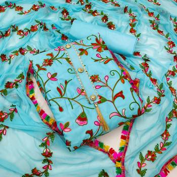 Sky embroidered cotton unstitch straight dress top & bottom with dupatta 1