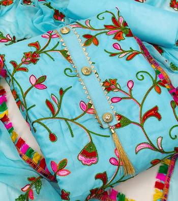 Sky embroidered cotton unstitch straight dress top & bottom with dupatta 2