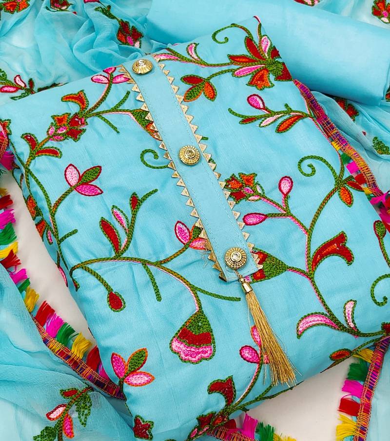Sky embroidered cotton unstitch straight dress top & bottom with dupatta