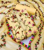 Yellow embroidered cotton unstitch straight dress top & bottom with dupatta