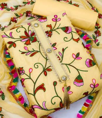 Yellow embroidered cotton unstitch straight dress top & bottom with dupatta 2