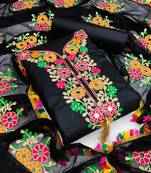 Black embroidered cotton unstitch straight dress top & bottom with dupatta