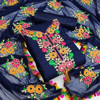 Blue embroidered cotton unstitch straight dress top & bottom with dupatta 1