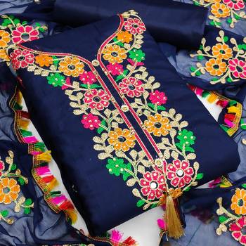 Blue embroidered cotton unstitch straight dress top & bottom with dupatta 2
