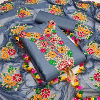 Grey embroidered cotton unstitch straight dress top & bottom with dupatta 1