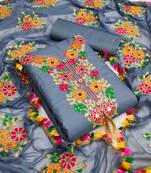 Grey embroidered cotton unstitch straight dress top & bottom with dupatta