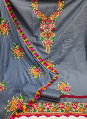 Grey embroidered cotton unstitch straight dress top & bottom with dupatta 2