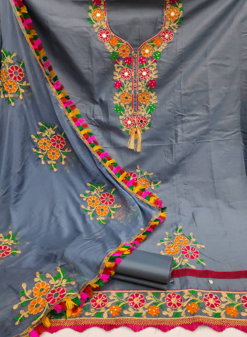 Grey embroidered cotton unstitch straight dress top & bottom with dupatta