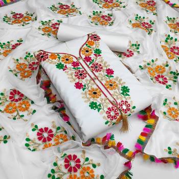 White embroidered cotton unstitch straight dress top & bottom with dupatta 1