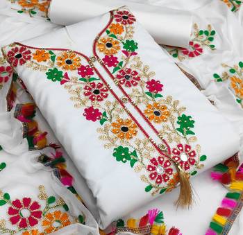 White embroidered cotton unstitch straight dress top & bottom with dupatta 2