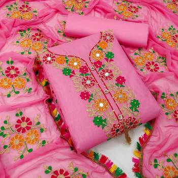 Pink embroidered cotton unstitch straight dress top & bottom with dupatta 1