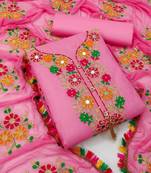 Pink embroidered cotton unstitch straight dress top & bottom with dupatta
