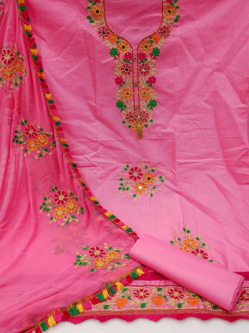 Pink embroidered cotton unstitch straight dress top & bottom with dupatta