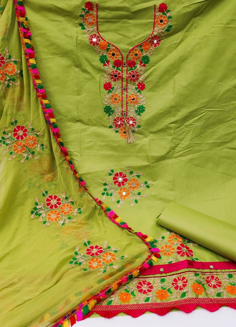 Pista embroidered cotton unstitch straight dress top & bottom with dupatta