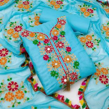 Sky embroidered cotton unstitch straight dress top & bottom with dupatta 1