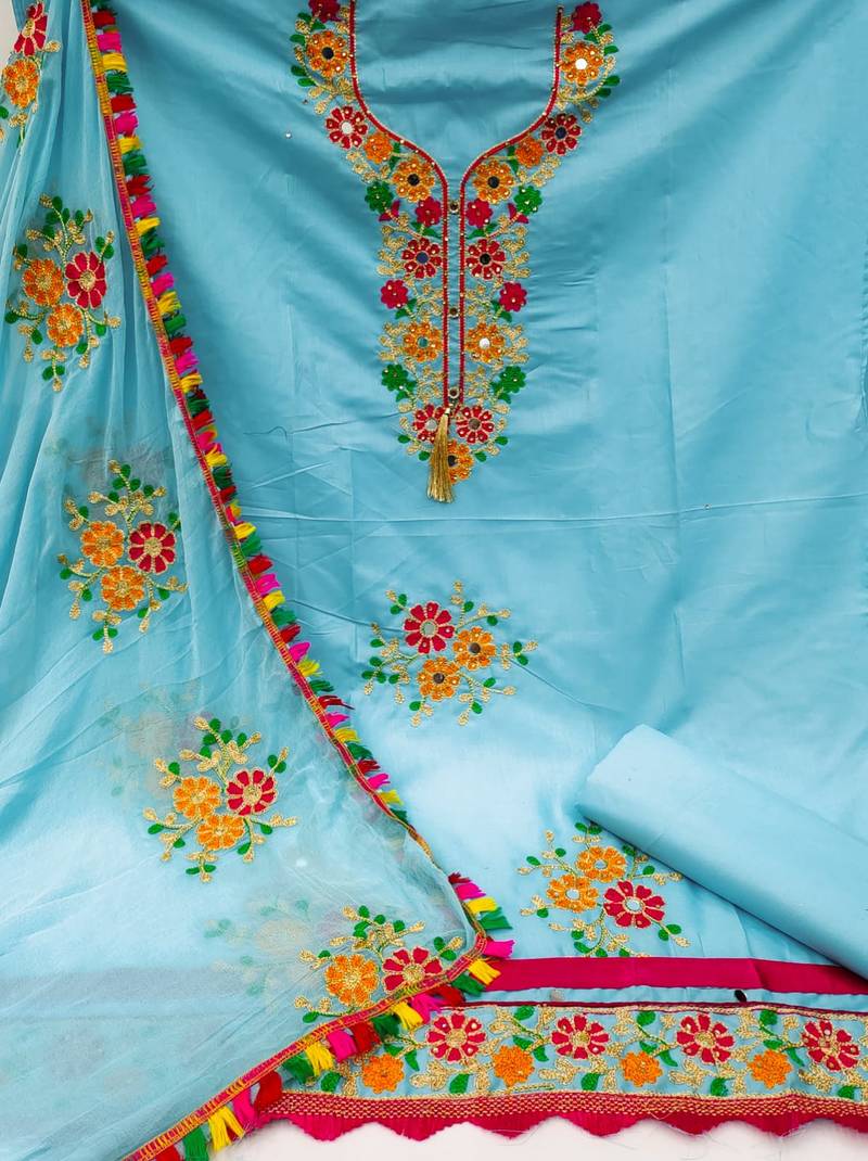Sky embroidered cotton unstitch straight dress top & bottom with dupatta