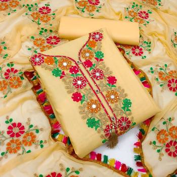 Yellow embroidered cotton unstitch straight dress top & bottom with dupatta 1