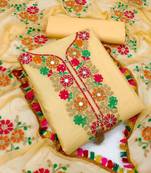 Yellow embroidered cotton unstitch straight dress top & bottom with dupatta