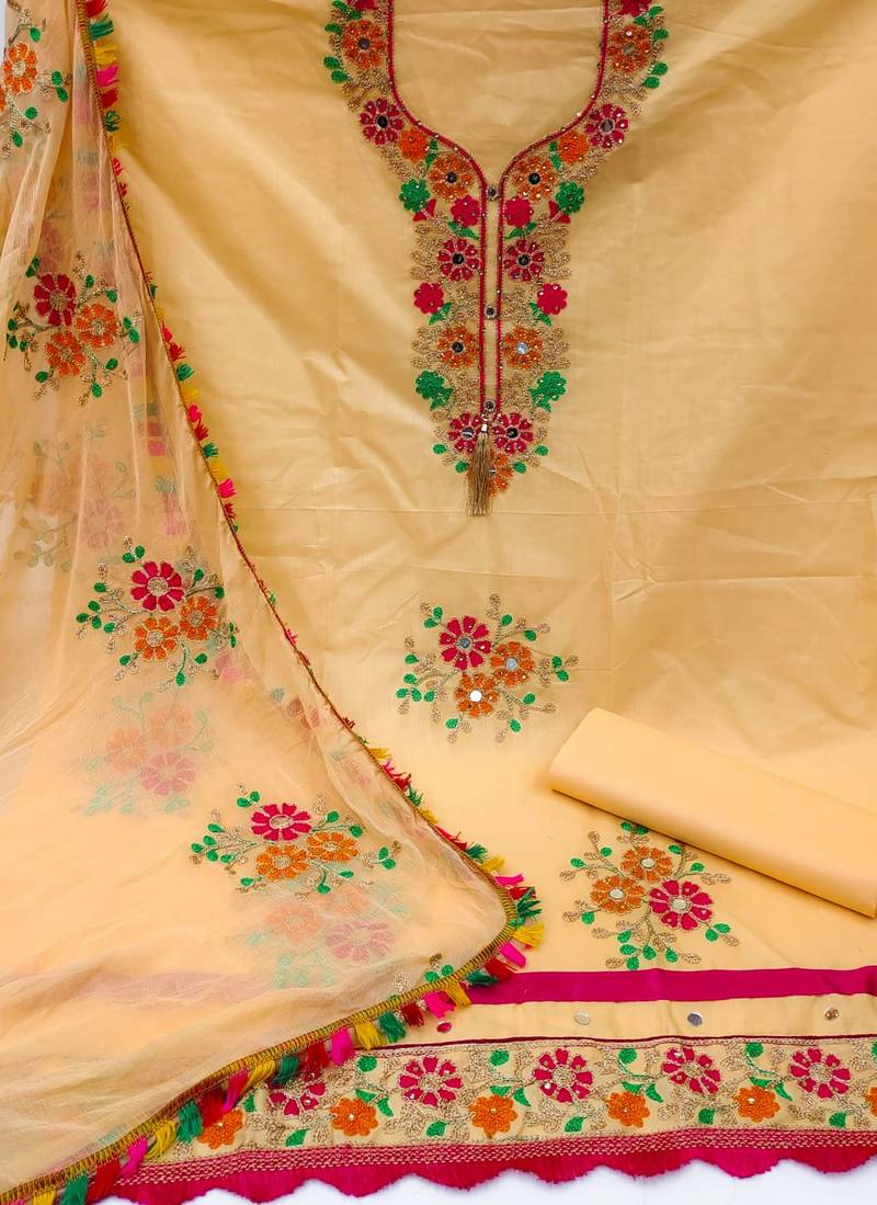 Yellow embroidered cotton unstitch straight dress top & bottom with dupatta