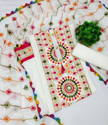 White embroidered cotton unstitch straight dress top & bottom with dupatta 1