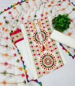 White embroidered cotton unstitch straight dress top & bottom with dupatta