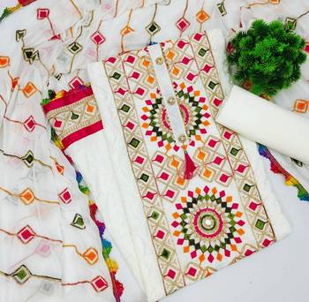 White embroidered cotton unstitch straight dress top & bottom with dupatta 2