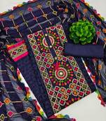 Blue embroidered cotton unstitch straight dress top & bottom with dupatta