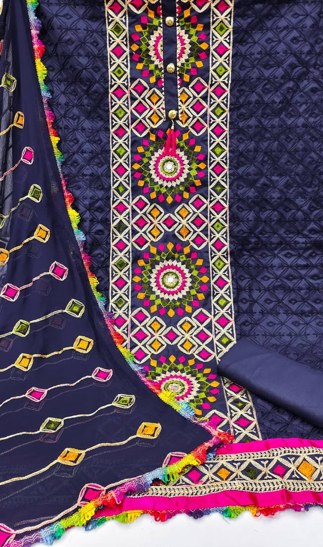 Blue embroidered cotton unstitch straight dress top & bottom with dupatta