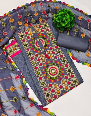 Grey embroidered cotton unstitch straight dress top & bottom with dupatta 1