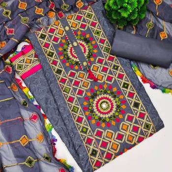 Grey embroidered cotton unstitch straight dress top & bottom with dupatta 2