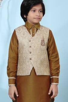 Beige embroidered jaquard boys-nehru-jacket
