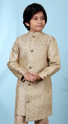Beige embroidered jacquard sherwani for boys 1