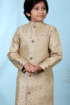 Beige embroidered jaquard boys-nehru-jacket