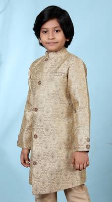 Beige embroidered jacquard sherwani for boys 2