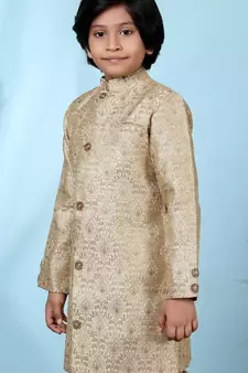Beige embroidered jacquard sherwani for boys