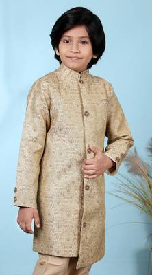 Beige embroidered jacquard sherwani for boys 3