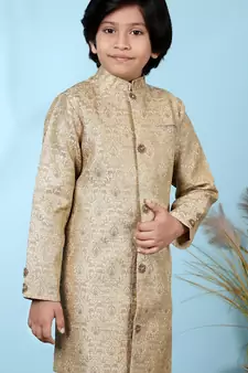 Beige embroidered jacquard sherwani for boys