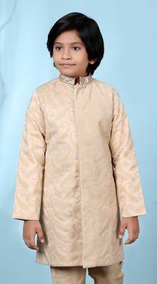 Beige embroidered banarasi silk sherwani for boys 1