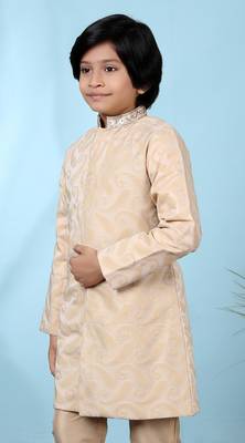 Beige embroidered banarasi silk sherwani for boys 2