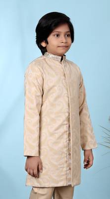 Beige embroidered banarasi silk sherwani for boys 3