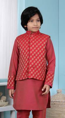 Red printed banarasi silk boys-nehru-jacket 1