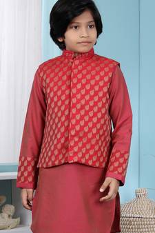 Red printed banarasi silk boys-nehru-jacket