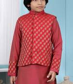 Red printed banarasi silk boys-nehru-jacket