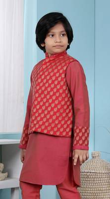 Red printed banarasi silk boys-nehru-jacket 2