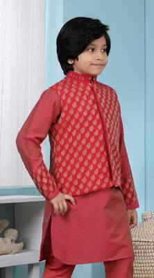 Red printed banarasi silk boys-nehru-jacket 3