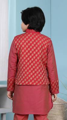 Red printed banarasi silk boys-nehru-jacket 4